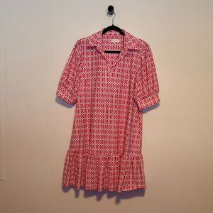 Jude Connally Collared Ruffle Hem Dress with Pockets Size L Pink Geo Print
